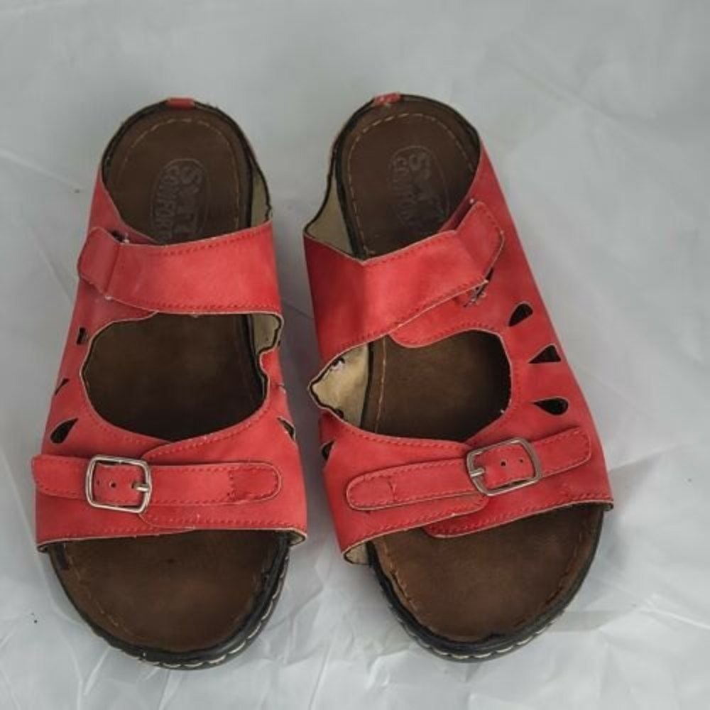 Soft Comfort Bandwagon Women's Buckle Strap Slip On Sandals Slides red Size 10‎